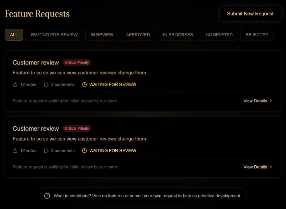 Submit Feature Requests interface